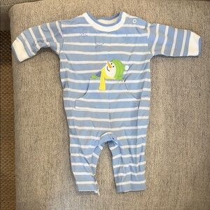 Blue Striped Kids One Piece with Penguin Design
